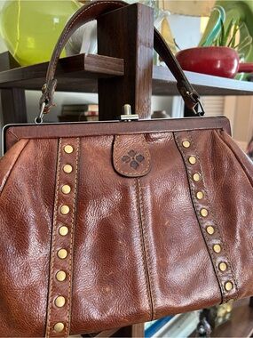 Patricia Nash Brown Leather Frame Satchel w/ Brass Hardware - Vintage